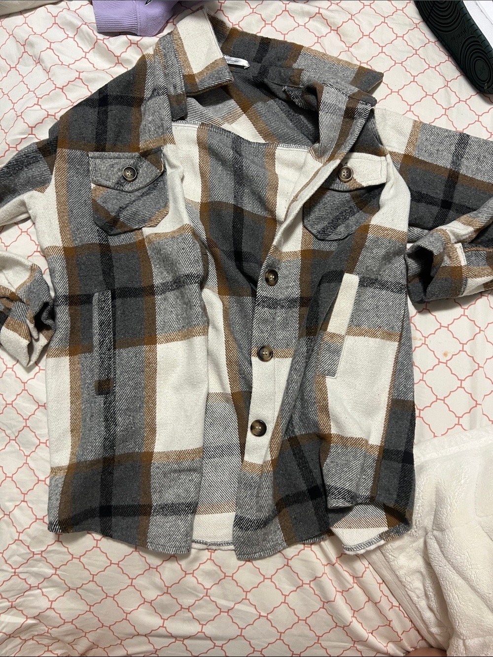 Cozy Plaid Button-Up Shacket in Cream, Gray & Brown flannel